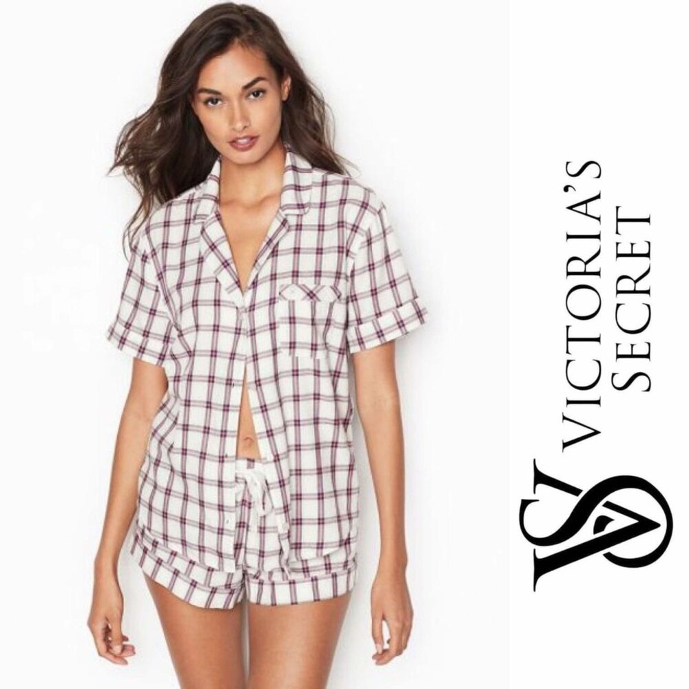 Victoria's Secret | White & Pink Plaid Short Sleeve Pajama Top | Size Small